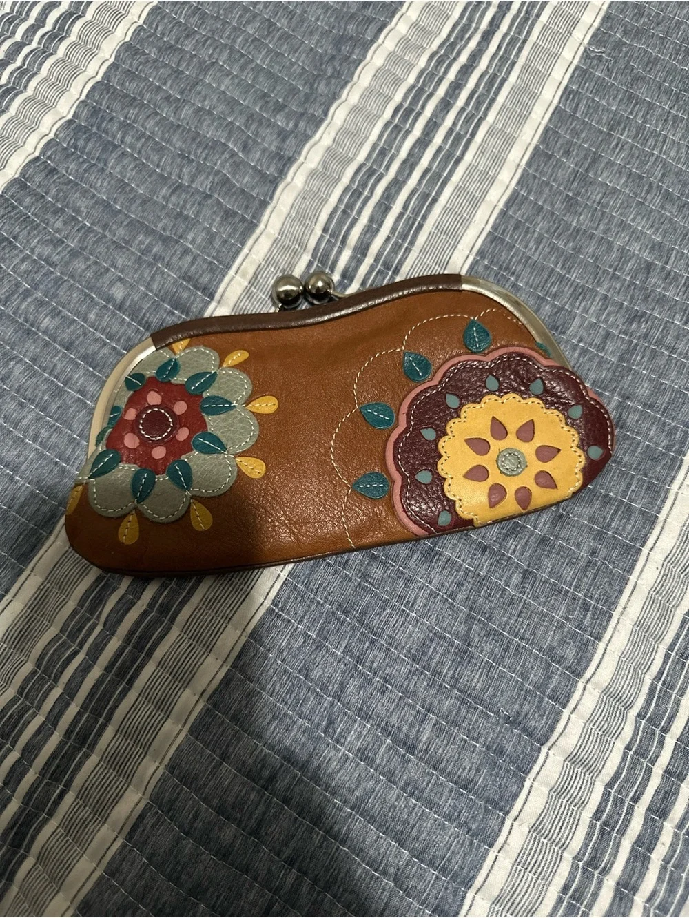 Fossil Brown Leather Floral Appliqué Coin Purse with Teal and Yellow Accents